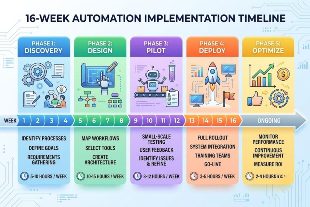 16-week automation implementation timeline: Phase 1 Discovery (weeks 1-4, 5-10 hours/week), Phase 2 Design (weeks 5-8, 10-15 hours/week), Phase 3 Pilot (weeks 9-12, 8-12 hours/week), Phase 4 Deploy (weeks 13-16, 3-5 hours/week), Phase 5 Optimize (ongoing, 2-4 hours/week)