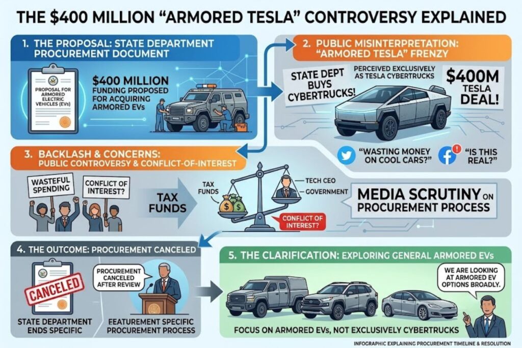 Timeline infographic showing key events: Late 2024 State Department explores armored electric vehicles, February 2025 procurement documents leak showing $400M Armored Tesla, February 13 news outlets report Pentagon Cybertruck purchase, February 13 evening State Department removes Tesla reference, February 14 Elon Musk denies deal, February 14 State Department confirms procurement abandoned
