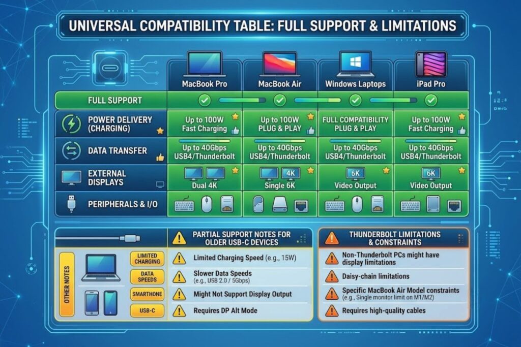 Compatibility table showing full support for MacBook Pro/Air, Windows laptops, iPad Pro, and partial support notes for older USB-C devices and Thunderbolt limitations