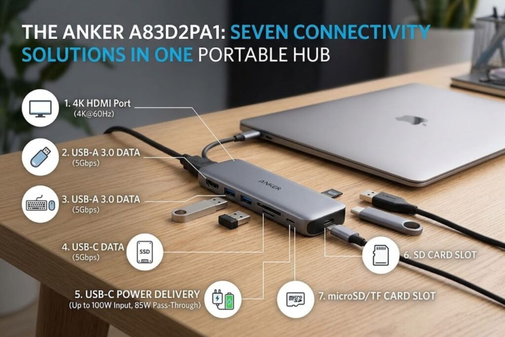 Anker A83D2PA1 USB-C hub showing seven ports including HDMI, USB 3.0, USB-C PD, and SD card slots on aluminum chassis