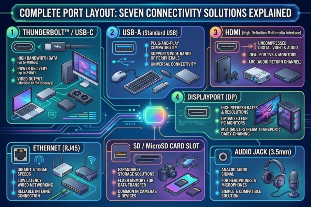 Labeled diagram showing all seven ports on the Anker A83D2PA1 hub with descriptions: USB-C Power Delivery, HDMI 2.0, two USB 3.0 Type-A, SD card reader, microSD card reader, and integrated USB-C cable