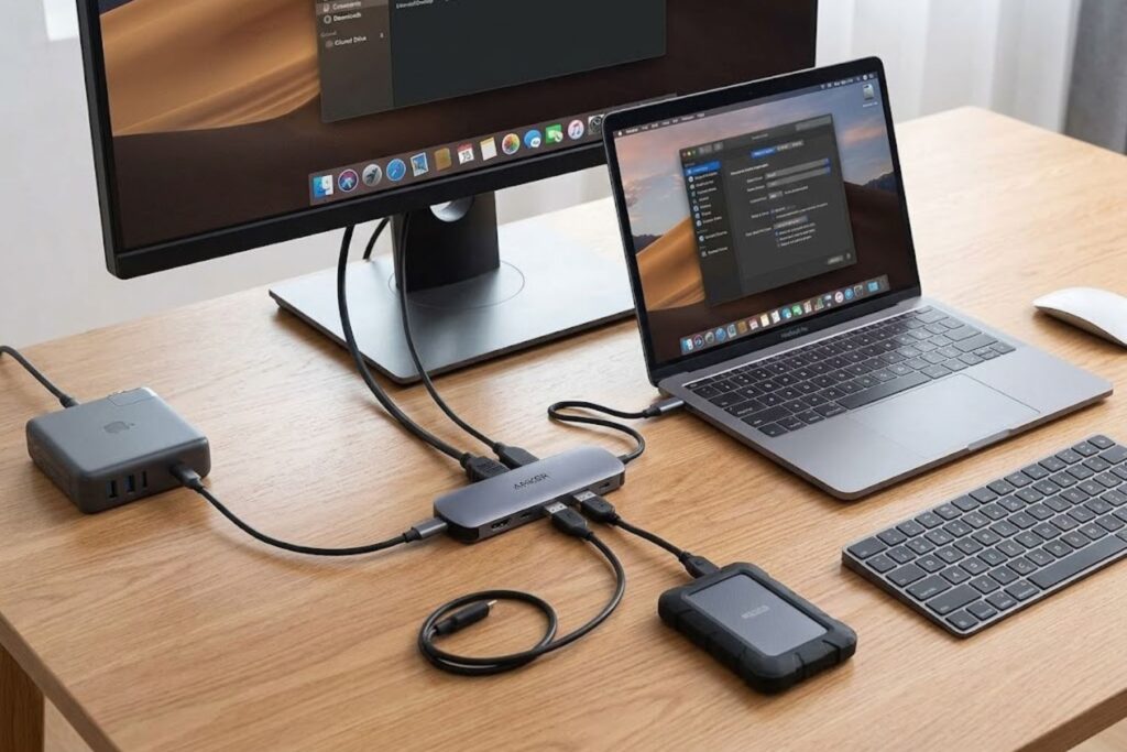 Anker A83D2PA1 hub positioned on desk with MacBook, external monitor via HDMI, external SSD via USB 3.0, and power adapter connected, showing practical workspace integration