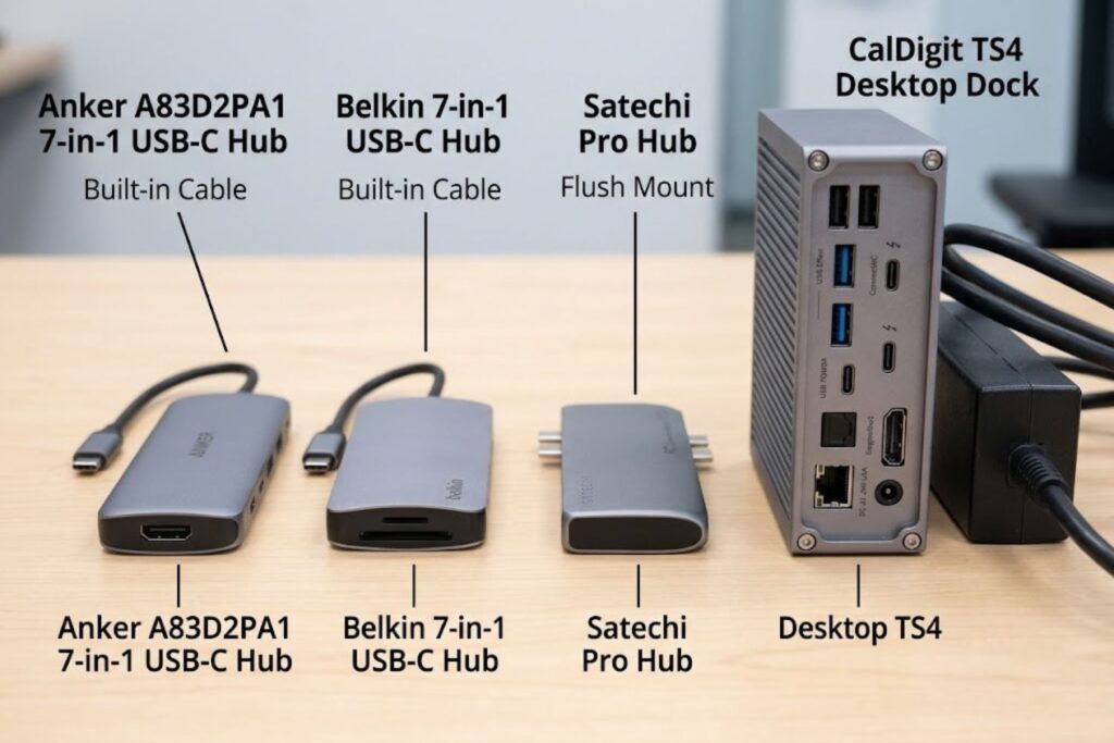 Side-by-side product images comparing Anker A83D2PA1, Belkin 7-in-1, Satechi Pro Hub, and CalDigit dock showing size and design differences