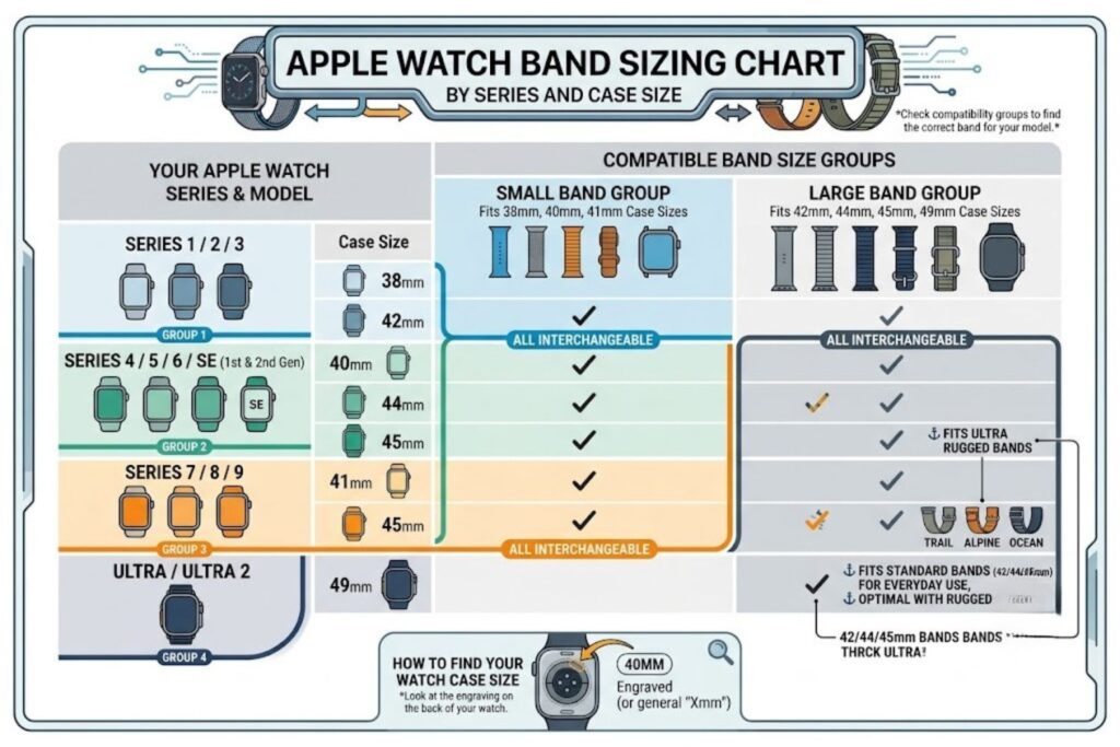 Apple Watch band sizing chart by series and case size
