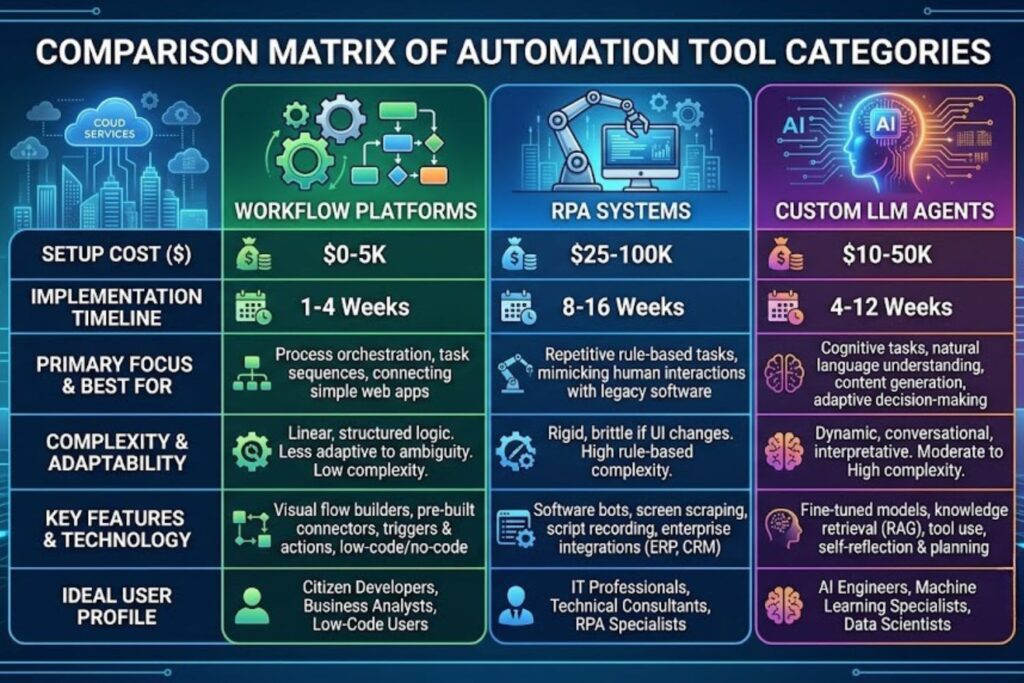 Comparison matrix of automation tool categories: Workflow Platforms (setup cost $0-5K, timeline 1-4 weeks), RPA Systems (setup cost $25-100K, timeline 8-16 weeks), and Custom LLM Agents (setup cost $10-50K, timeline 4-12 weeks)