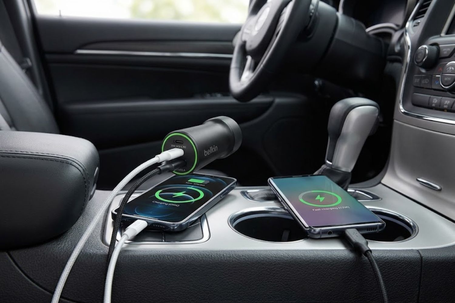 Belkin 37W dual-port USB car charger displaying USB-C and USB-A ports with compact design