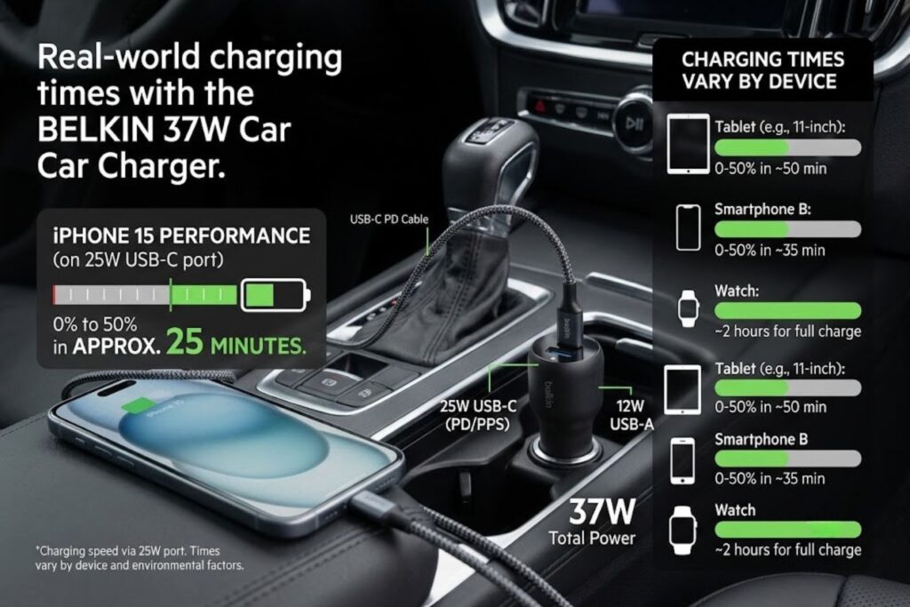 Temperature comparison graph showing Belkin 37W PPS charger maintaining 40-45°C versus non-PPS charger reaching 52-58°C during identical charging tests