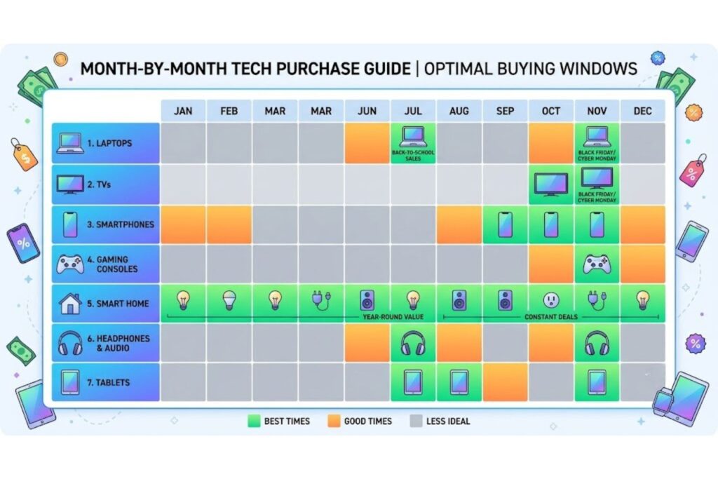 Month-by-month grid showing optimal purchase windows for different tech categories: laptops peak July/November, TVs peak November, smart home year-round