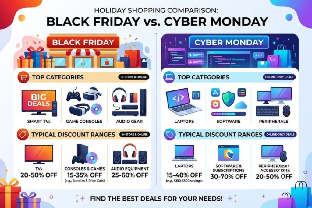 Comparison table: Black Friday best for TVs, consoles, audio; Cyber Monday best for laptops, software, peripherals with typical discount ranges