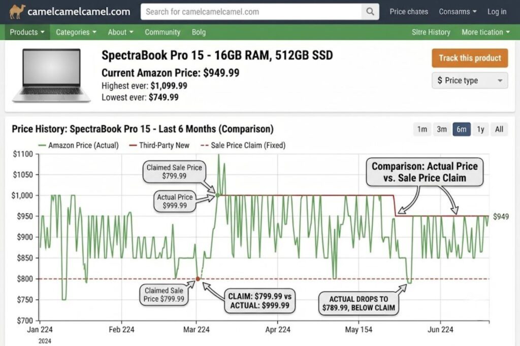 CamelCamelCamel price history chart for a laptop showing actual price fluctuations over 6 months with comparison to sale price claim
