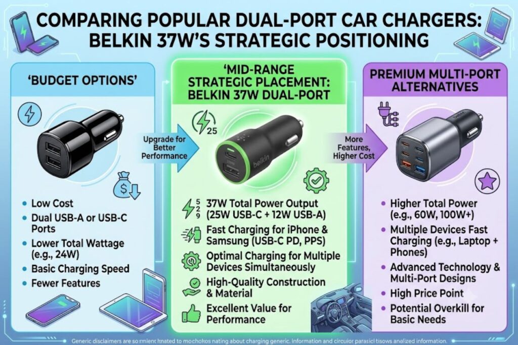 Specifications comparison table showing Belkin 37W, Anker Nano, LISEN budget option, and Spigen 75W car chargers with wattage, ports, PPS support, and price