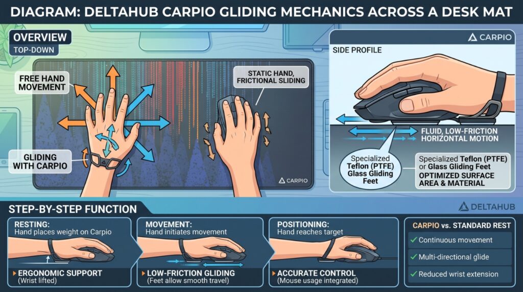 Diagram showing the Carpio gliding across a desk mat with hand movement
