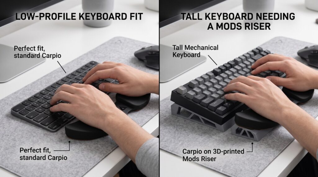 Side-by-side of a low-profile keyboard fitting the Carpio versus a tall keyboard needing a Mods riser
