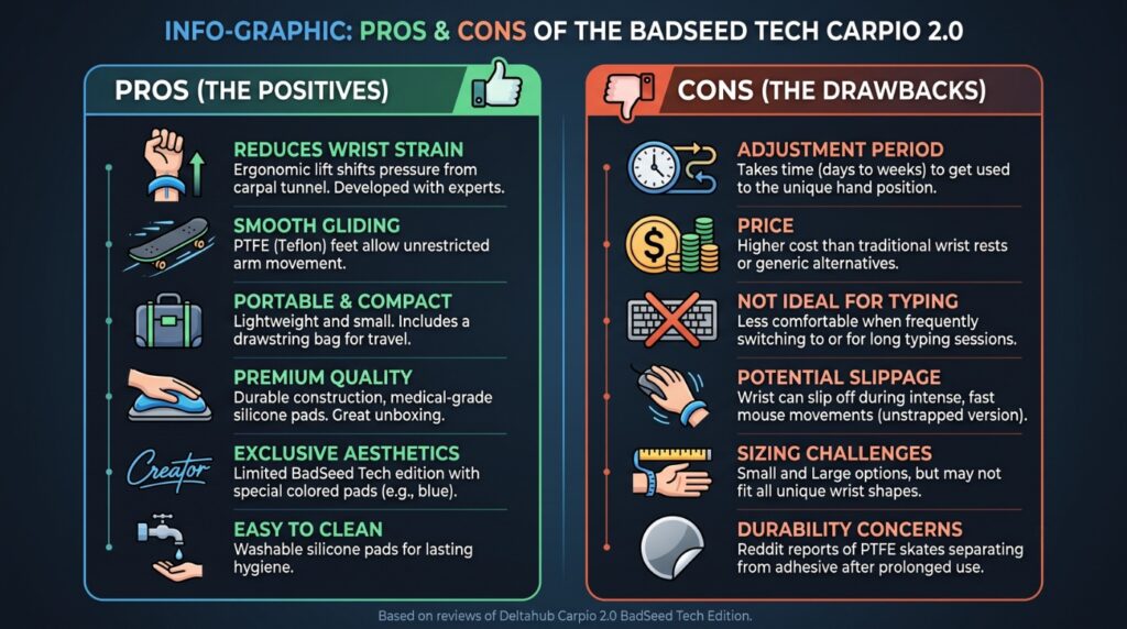 Infographic listing pros and cons of the BadSeed Tech Carpio