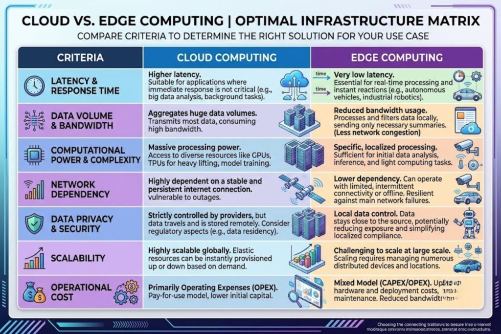 Decision matrix comparing cloud computing versus edge computing across latency, security, compliance, and scalability dimensions