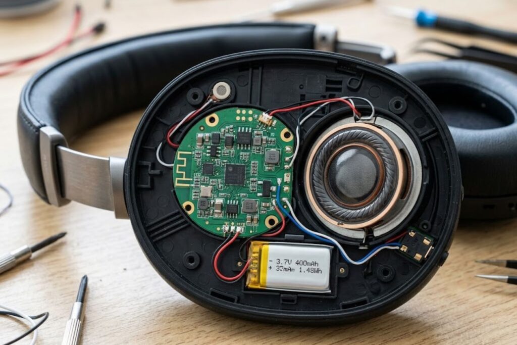 Close-up photograph of a digital-to-analog converter (DAC) chip component inside USB headphones