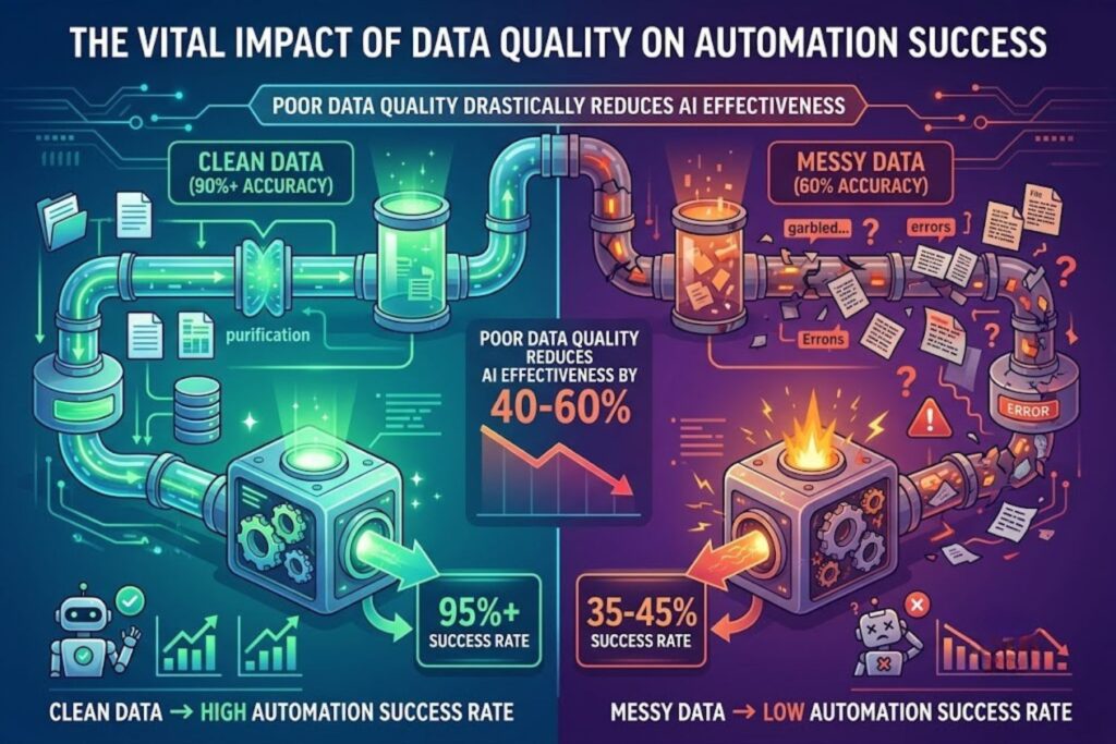 Data quality impact on automation: poor data quality reduces AI effectiveness by 40-60%. Clean data (90%+ accuracy) = 95%+ automation success rate. Messy data (60% accuracy) = 35-45% automation success rate