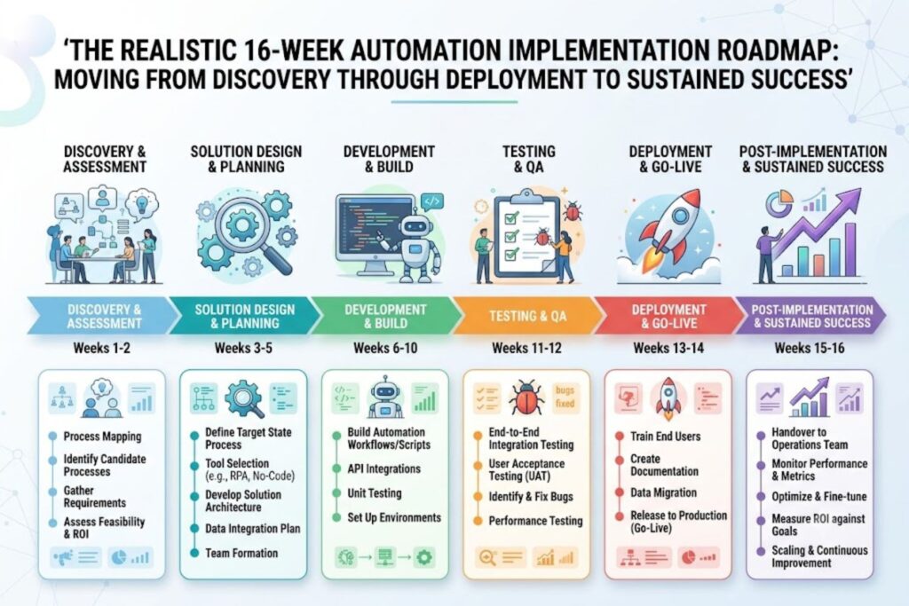 Automation maturity journey showing five phases: Discovery & Baseline, Workflow Design, Pilot Automation, Production Deployment, and Ongoing Optimization