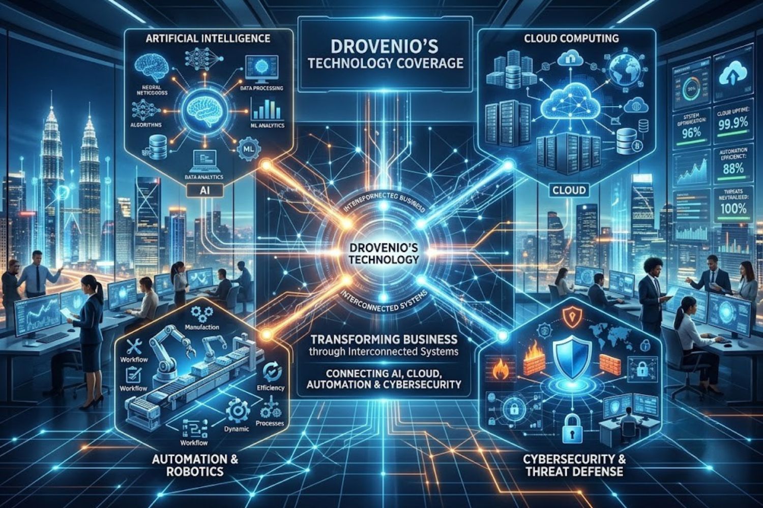 Technology transformation visualization showing AI, cloud computing, automation, and cybersecurity interconnected in modern business environment