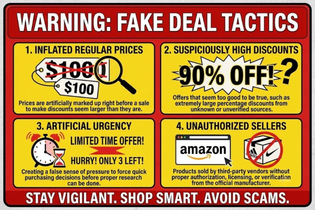 Warning sign graphic listing common fake deal tactics: inflated regular prices, suspiciously high discounts, artificial urgency, unauthorized sellers