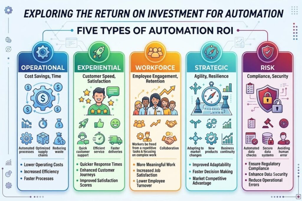 Five types of automation ROI: Operational (cost savings, time), Experiential (customer speed, satisfaction), Workforce (employee engagement, retention), Strategic (agility, resilience), and Risk (compliance, security)