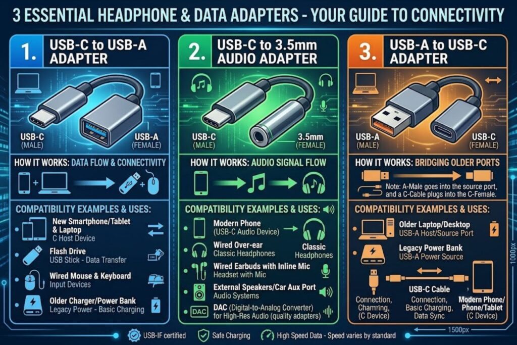 Infographic showing three types of headphone adapters: USB-C to USB-A, USB-C to 3.5mm, and USB-A to USB-C, with compatibility examples