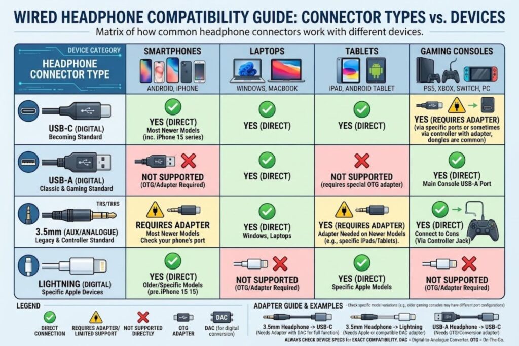 Visual compatibility matrix showing which USB headphone connector types work with smartphones, laptops, tablets, and gaming consoles