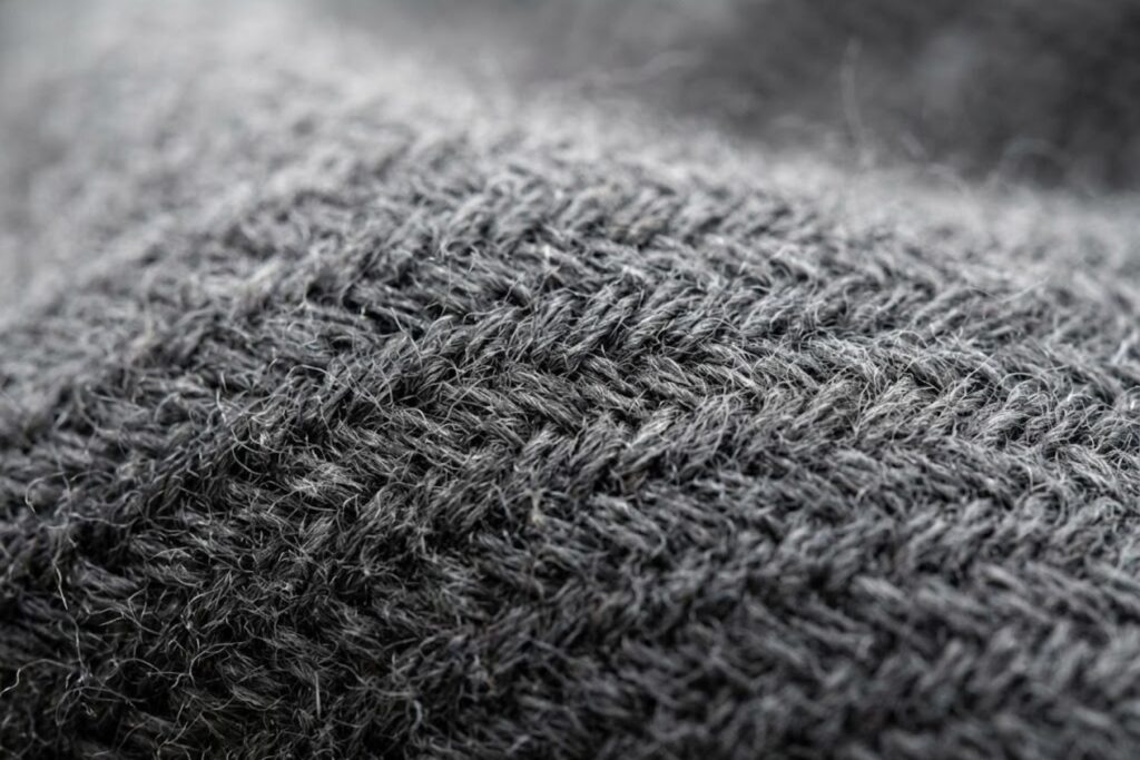 Macro photograph of hi-tech cashmere fabric texture showing plush polyester fiber weave