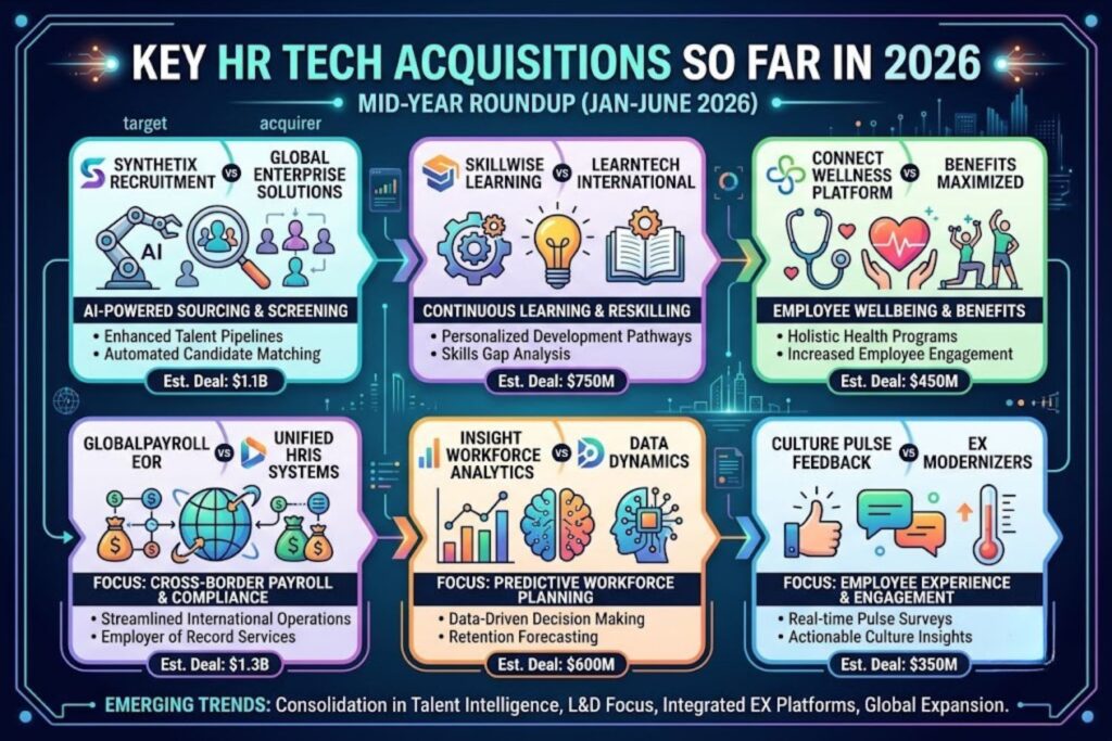 Timeline graphic of major HR tech acquisitions in 2026