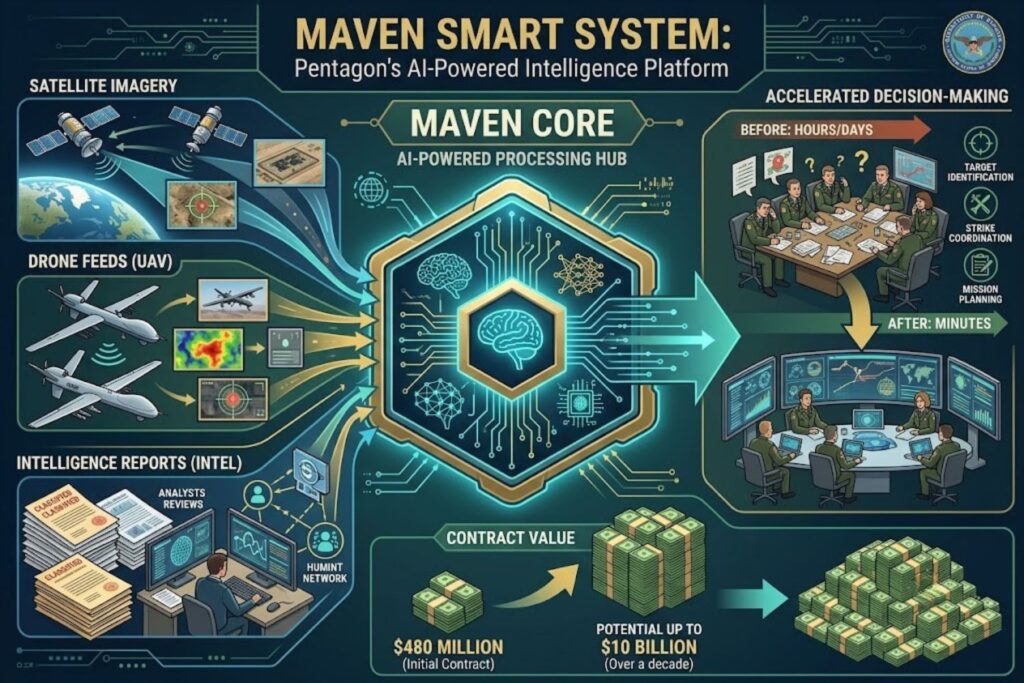 Technical architecture diagram showing Maven Smart System data flow: satellite imagery inputs, drone video feeds, intelligence reports, battlefield data feeding into AI analysis engine, outputting real-time intelligence picture and targeting recommendations for military commanders