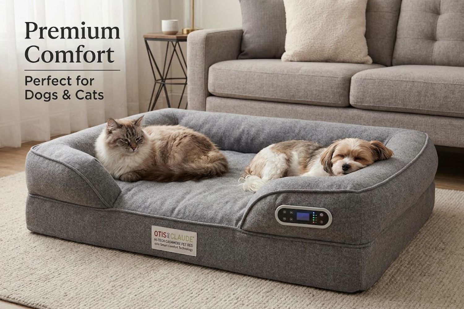 Otis and Claude hi-tech cashmere pet bed featuring soft cushioning and supportive bolsters, perfect for dogs and cats seeking premium comfort