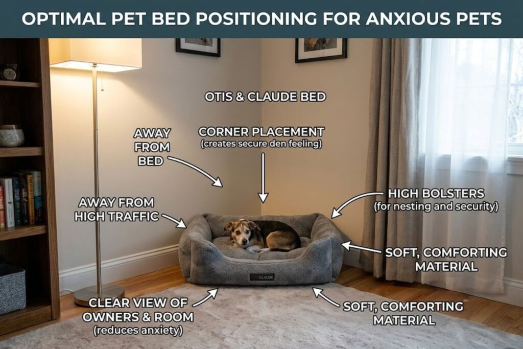 Otis and Claude hi-tech cashmere pet bed in brown color placed in living room corner with small dog resting inside