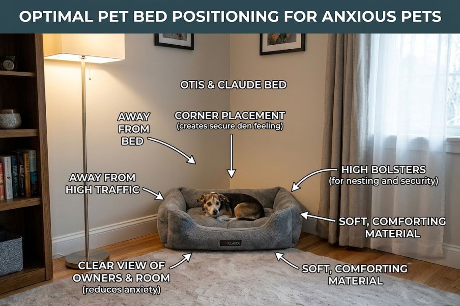 Otis and Claude hi-tech cashmere pet bed in brown color placed in living room corner with small dog resting inside