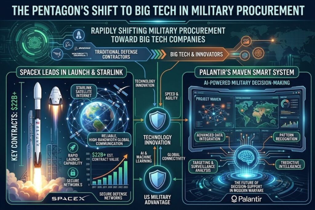 Pentagon-Big Tech partnership ecosystem showing SpaceX, Palantir, Tesla, Microsoft, Amazon, Google, and OpenAI connected to Department of Defense with contract values displayed