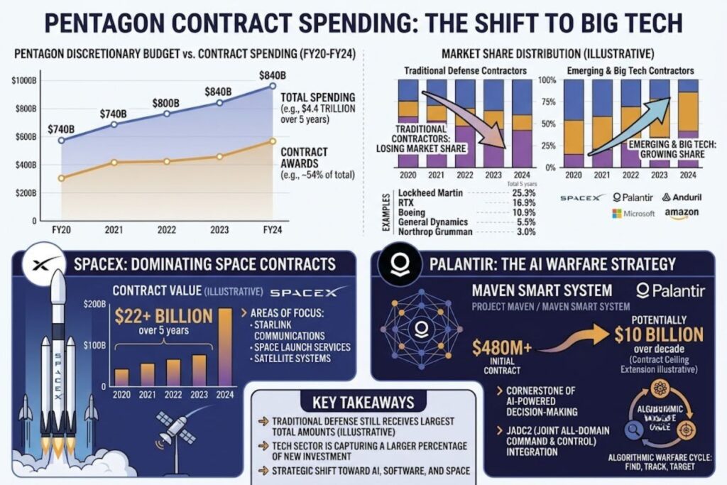 Horizontal bar chart comparing Pentagon defense contracts: SpaceX $22 billion over 5 years, Palantir $480 million Maven contract, Microsoft and Amazon Web Services with significant cloud contracts, compared to traditional contractors Lockheed Martin, Boeing, Raytheon, Northrop Grumman, General Dynamics