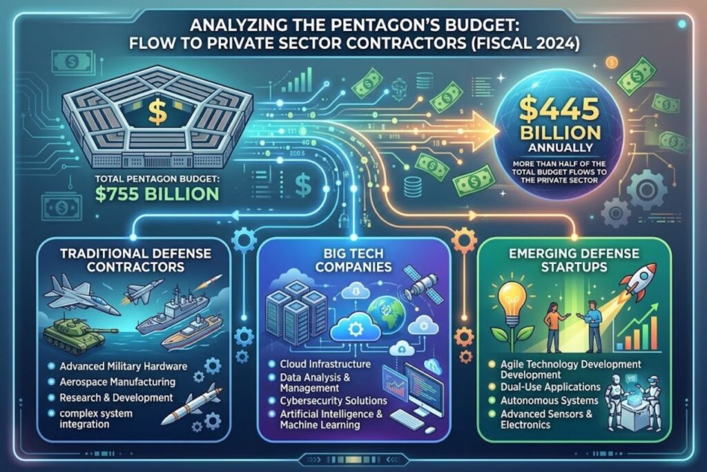 Pie chart showing Pentagon fiscal 2024 spending breakdown: $445 billion to private sector contractors, $310 billion to government/internal, out of total $755 billion defense budget