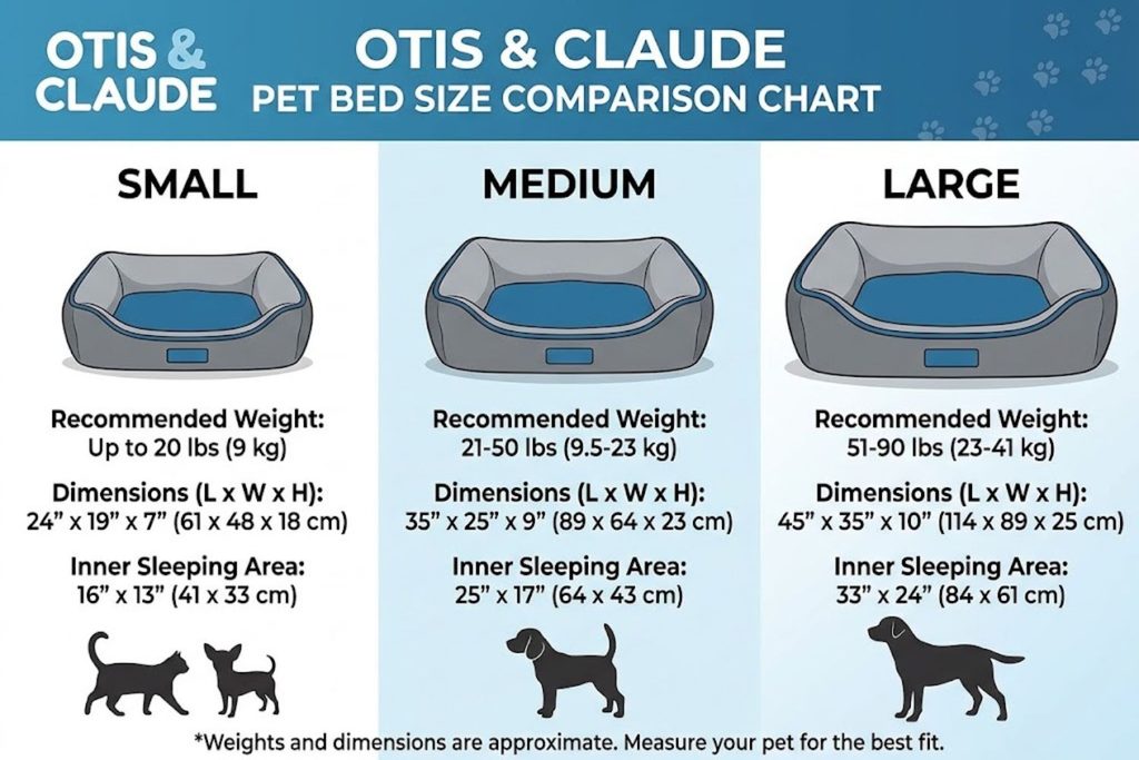 Size comparison chart showing Small, Medium, and Large Otis and Claude pet beds with recommended pet weights and dimensions