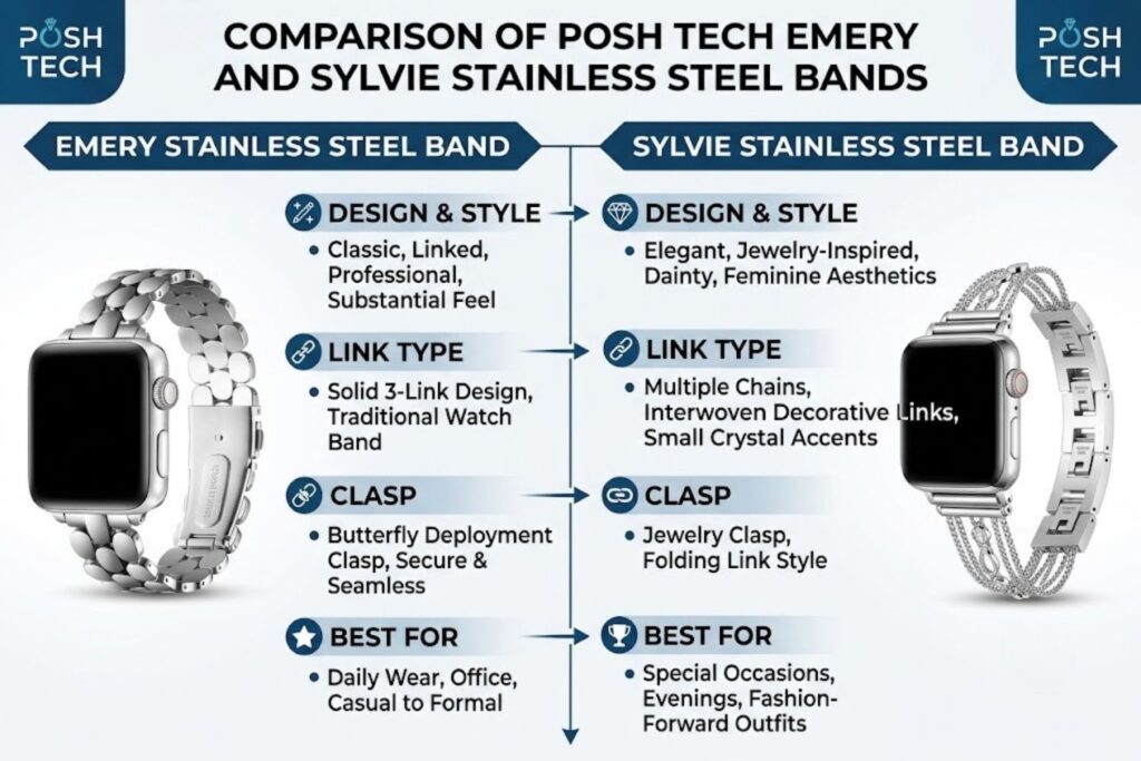 Comparison of Posh Tech Emery and Sylvie stainless steel bands