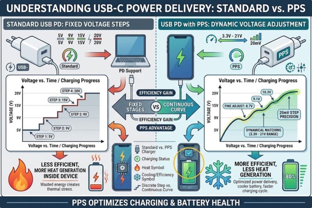 Diagram comparing voltage negotiation between standard USB Power Delivery fixed steps (5V, 9V, 15V, 20V) and PPS dynamic voltage adjustment