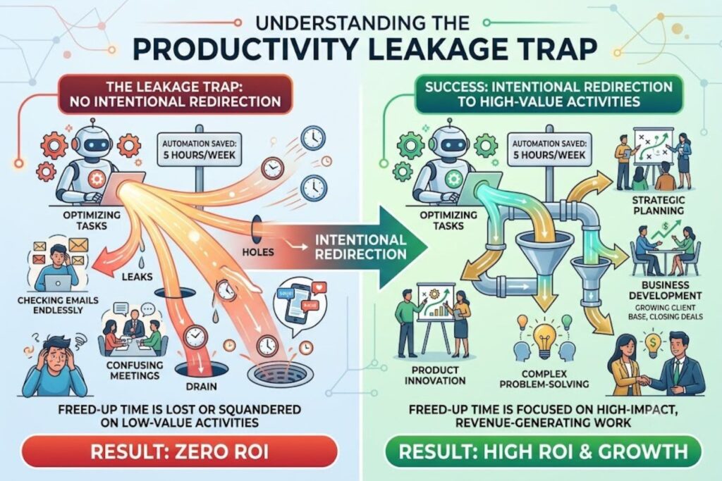 Productivity leakage trap: Automation saves 5 hours/week but if the freed-up time isn't redirected toward revenue-generating or strategic work, no ROI is created. Success requires intentional redirection to high-value activities