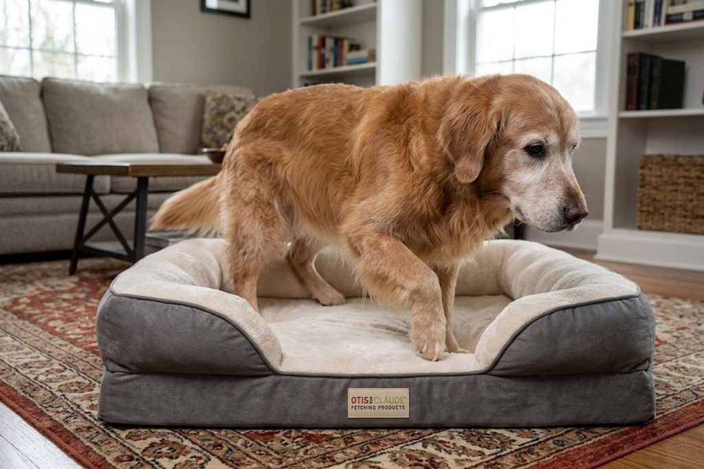 Older dog comfortably entering low-entry front of Otis and Claude bed, demonstrating accessibility design for mobility-limited pets