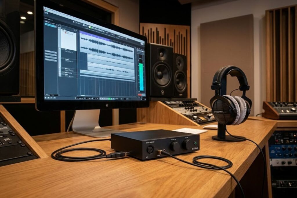 Professional recording studio setup showing computer connected to external DAC unit, which connects to studio headphones via 3.5mm cables
