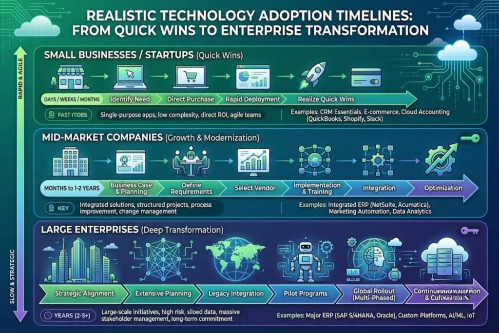 Technology adoption timeline showing 6-month to 24-month implementation phases for small companies, mid-market, and enterprise organizations