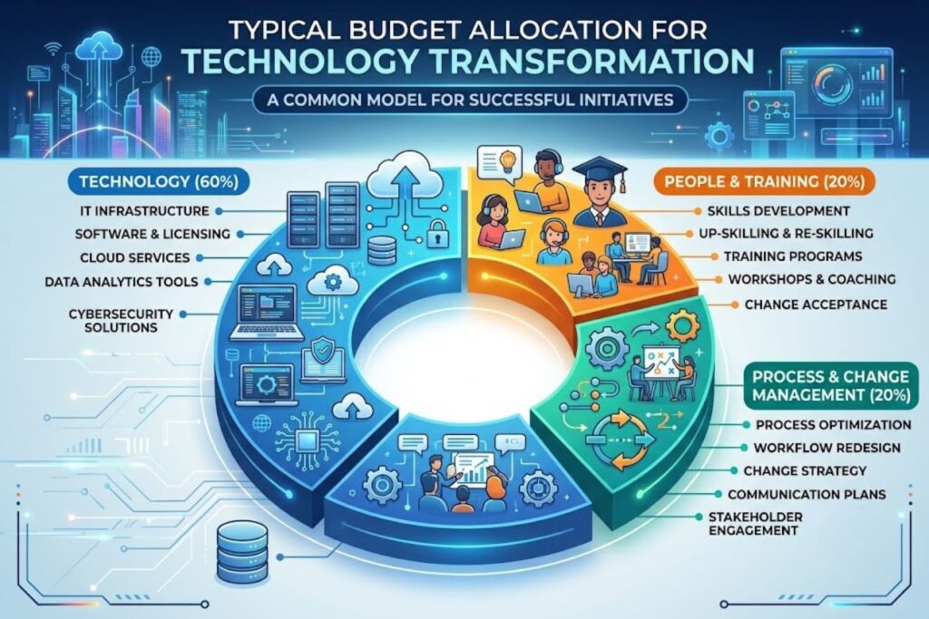 Budget breakdown pie chart for digital transformation showing recommended allocation: 60% technology tools, 20% training and hiring, 20% change management