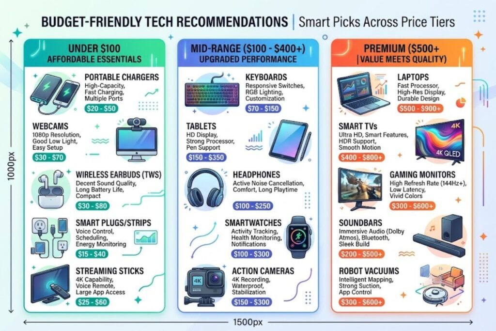 Budget-friendly tech recommendations organized by price tier: under $100 items like portable chargers and webcams, mid-range keyboards and tablets, premium laptops and TVs
