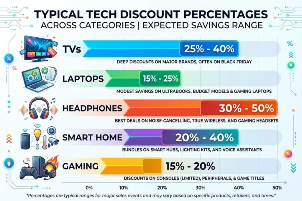 Comparison chart of typical tech discount percentages across categories: TVs 25-40%, laptops 15-25%, headphones 30-50%, smart home 20-40%, gaming 15-20%