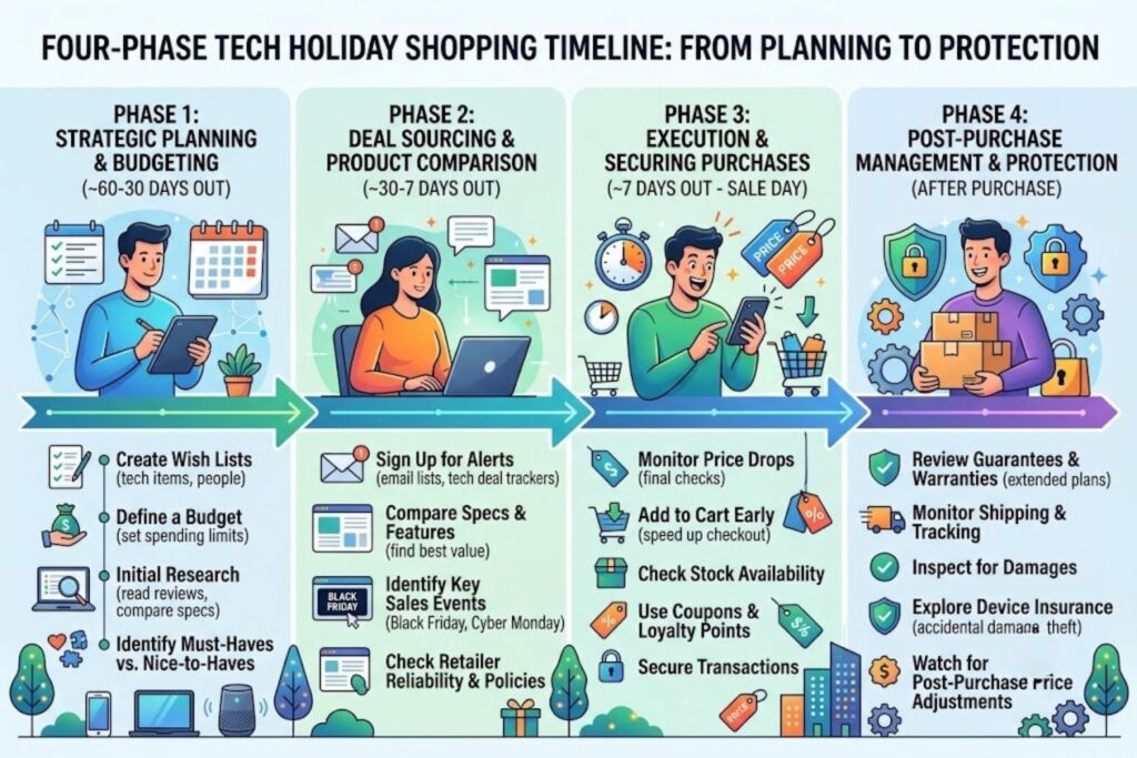 Four-phase tech holiday shopping timeline from 60 days planning phase through post-purchase protection with key tasks for each phase