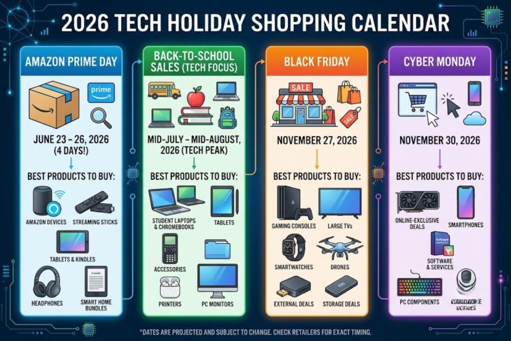 2026 tech holiday shopping calendar showing Black Friday, Cyber Monday, Prime Day, and back-to-school sale dates with best products to buy during each event
