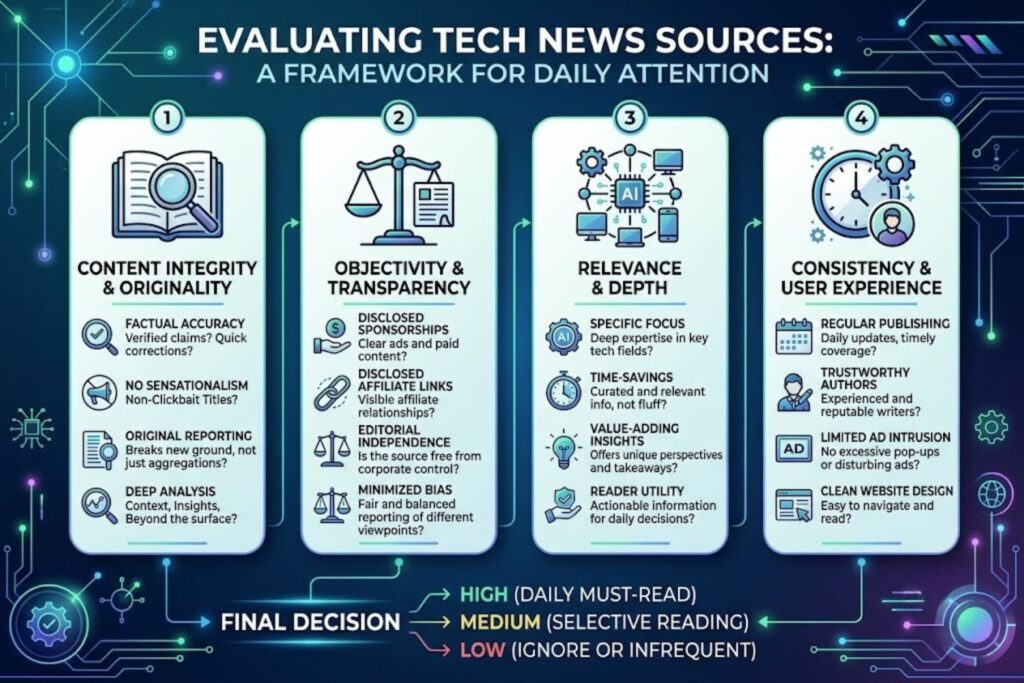 Five-point framework for evaluating tech news source credibility including editorial independence, bias patterns, and source attribution