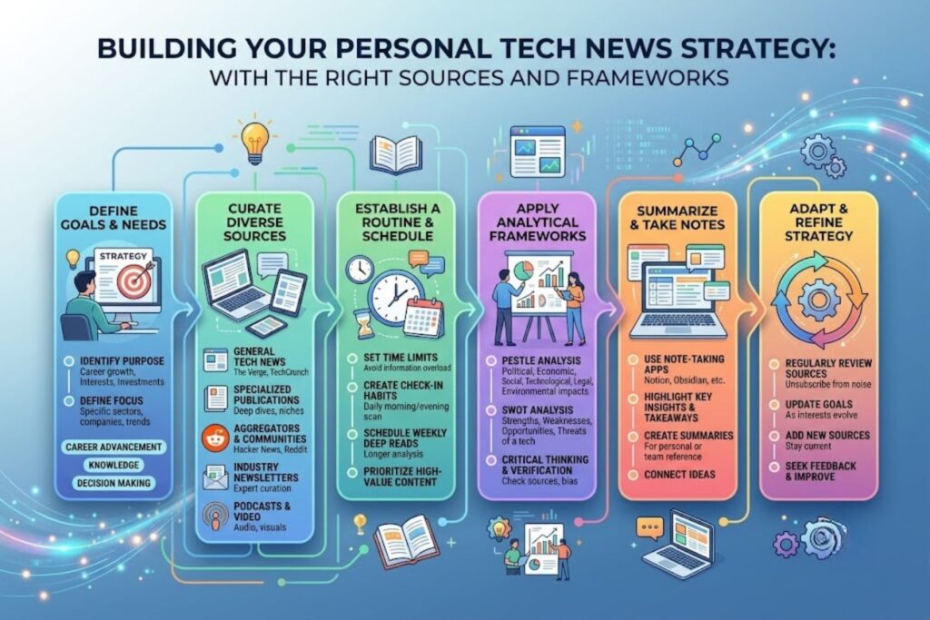 Tech news dashboard showing multiple news sources and categories for informed decision-making